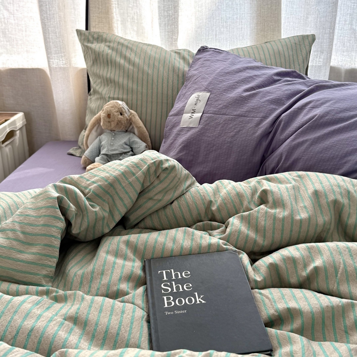 91家纺网 家纺一手货源 找家纺 拾一 2026新款软糯木棉中古多巴胺条纹系列四件套 慵懒条-绿