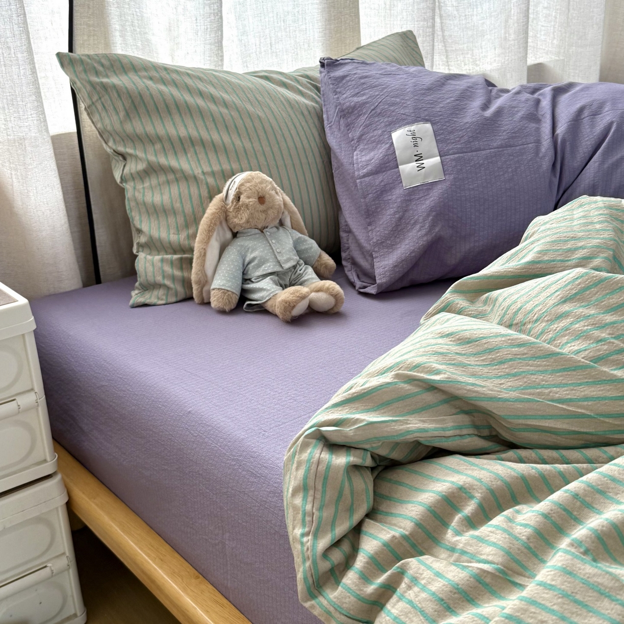 91家纺网 家纺一手货源 找家纺 拾一 2026新款软糯木棉中古多巴胺条纹系列四件套 慵懒条-绿