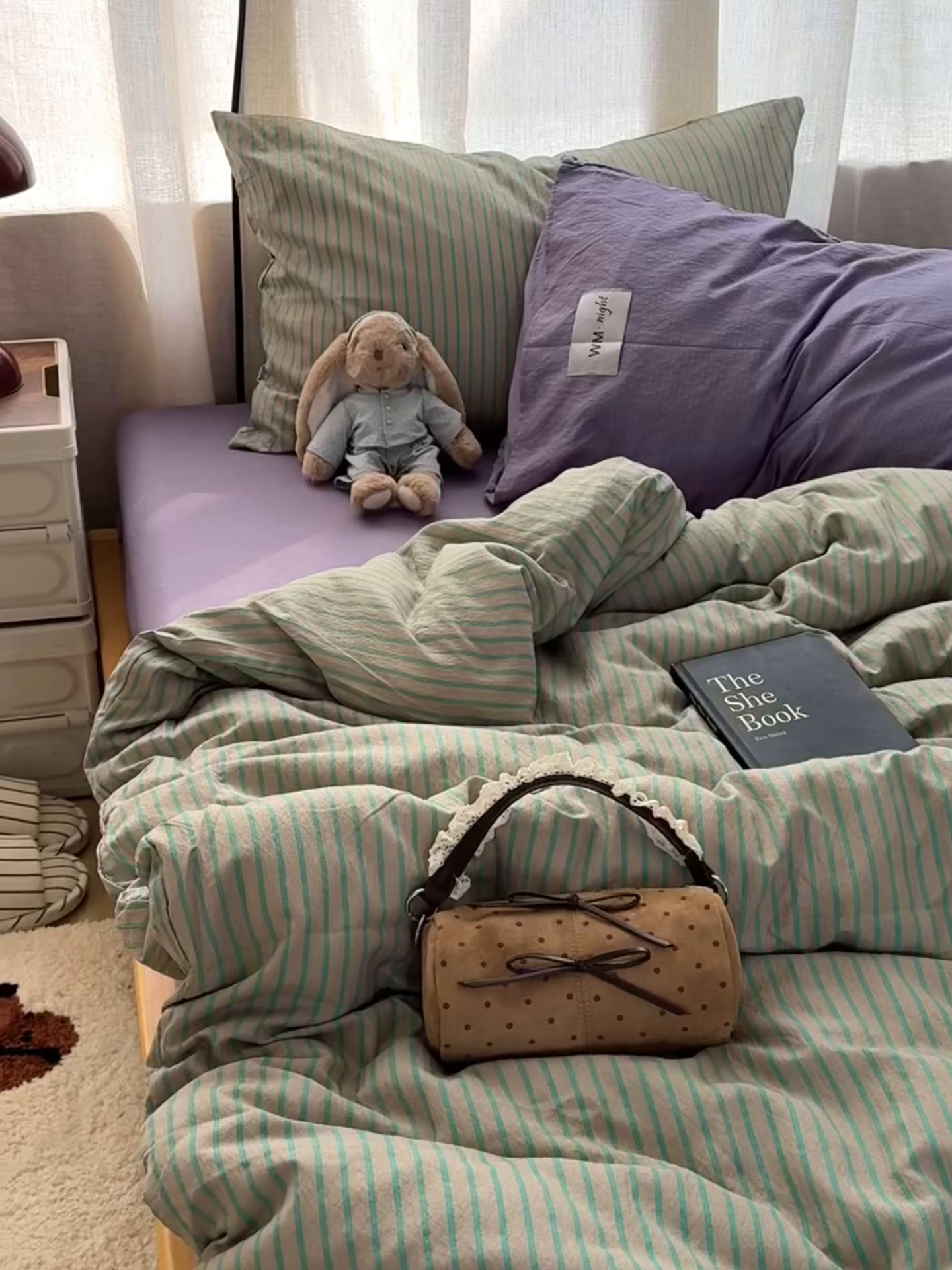 91家纺网 家纺一手货源 找家纺 拾一 2026新款软糯木棉中古多巴胺条纹系列四件套 慵懒条-绿