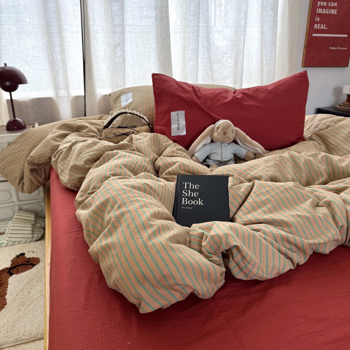 91家纺网 家纺一手货源 找家纺 拾一 2026新款软糯木棉中古多巴胺条纹系列四件套 慵懒条-浅咖