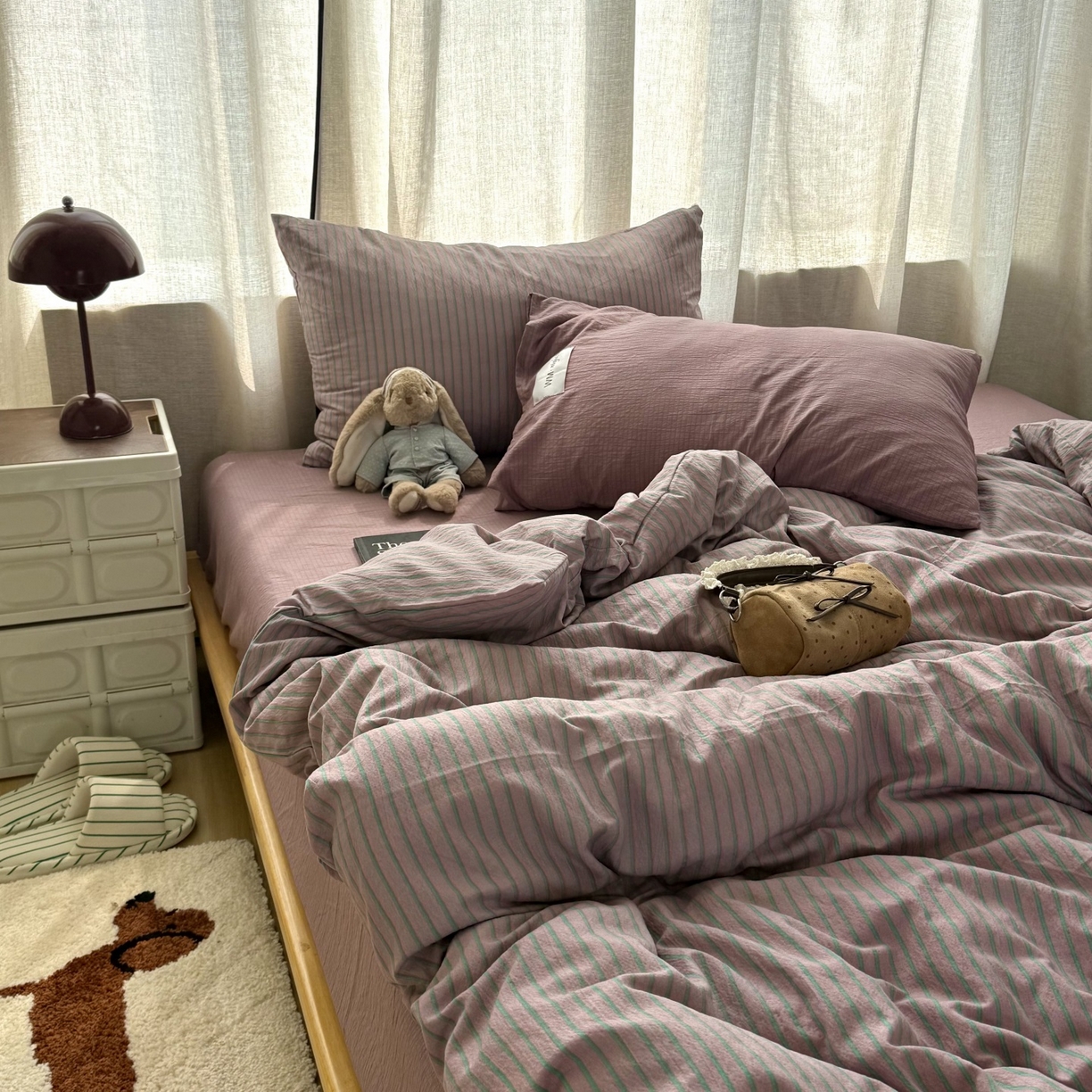 91家纺网 家纺一手货源 找家纺 拾一 2026新款软糯木棉中古多巴胺条纹系列四件套 慵懒条-紫