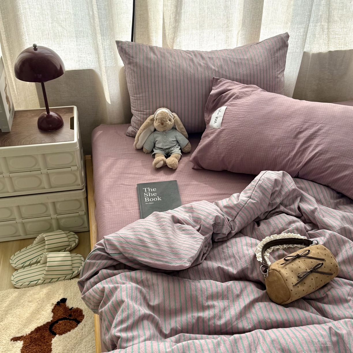 91家纺网 家纺一手货源 找家纺 拾一 2026新款软糯木棉中古多巴胺条纹系列四件套 慵懒条-紫