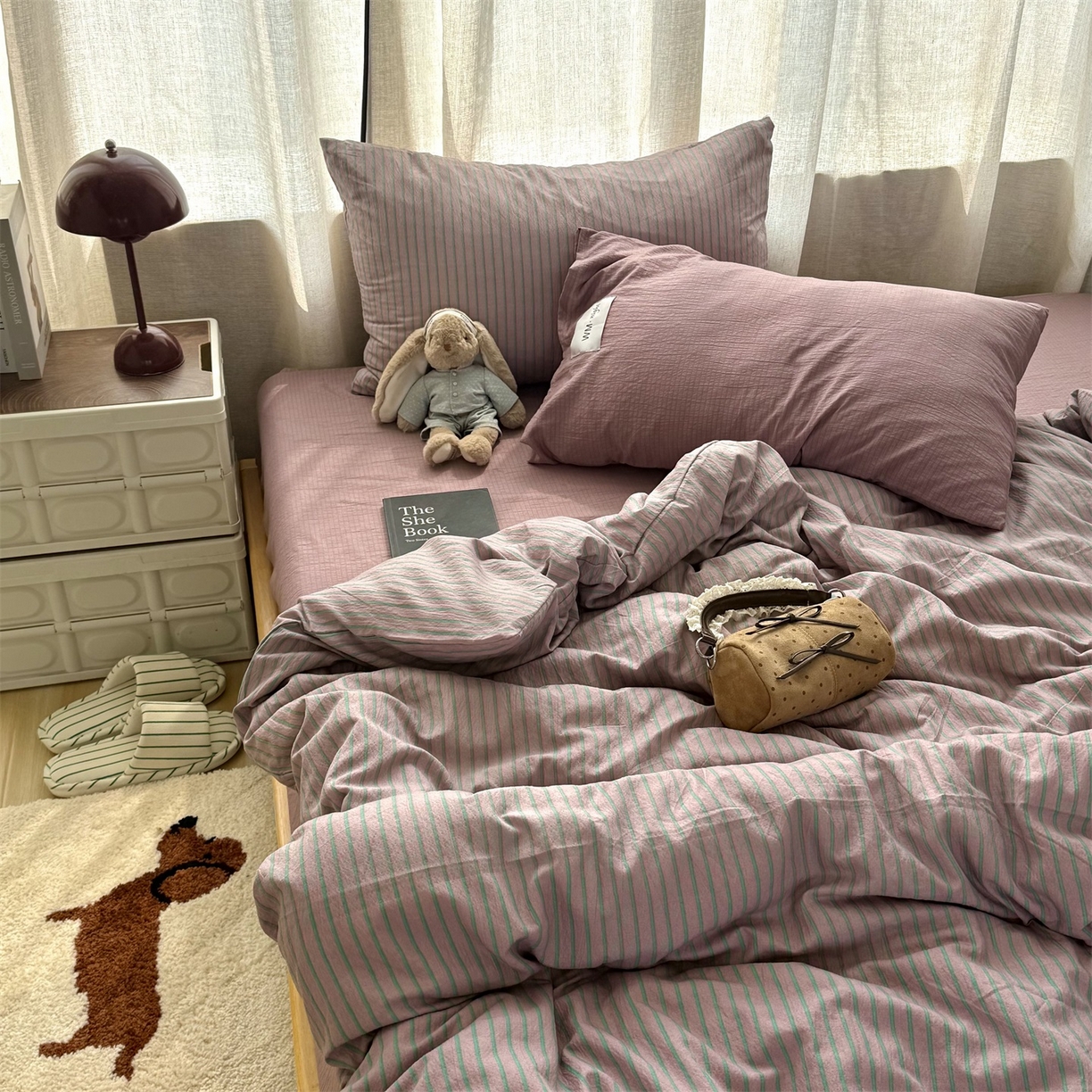 91家纺网 家纺一手货源 找家纺 拾一 2026新款软糯木棉中古多巴胺条纹系列四件套 慵懒条-紫