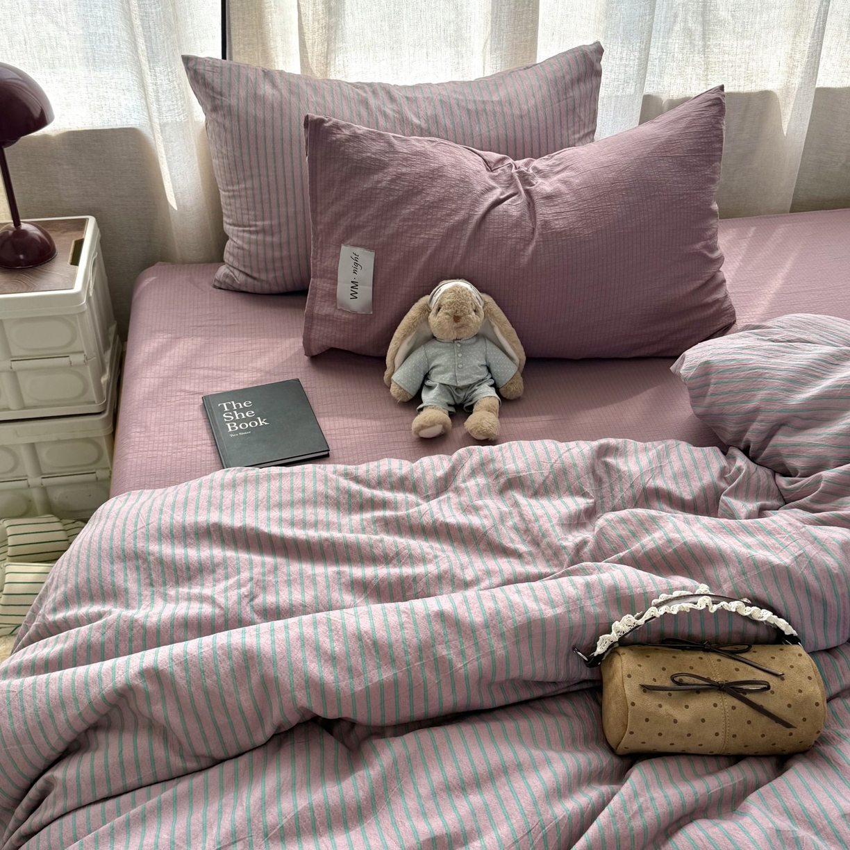 91家纺网 家纺一手货源 找家纺 拾一 2026新款软糯木棉中古多巴胺条纹系列四件套 慵懒条-紫