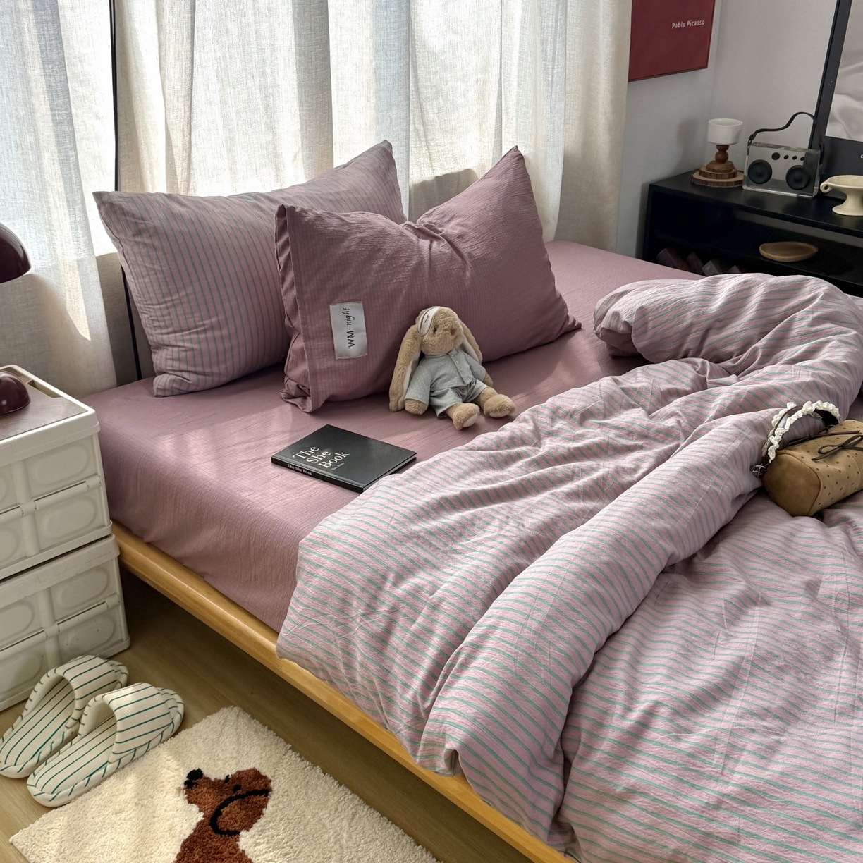 91家纺网 家纺一手货源 找家纺 拾一 2026新款软糯木棉中古多巴胺条纹系列四件套 慵懒条-紫