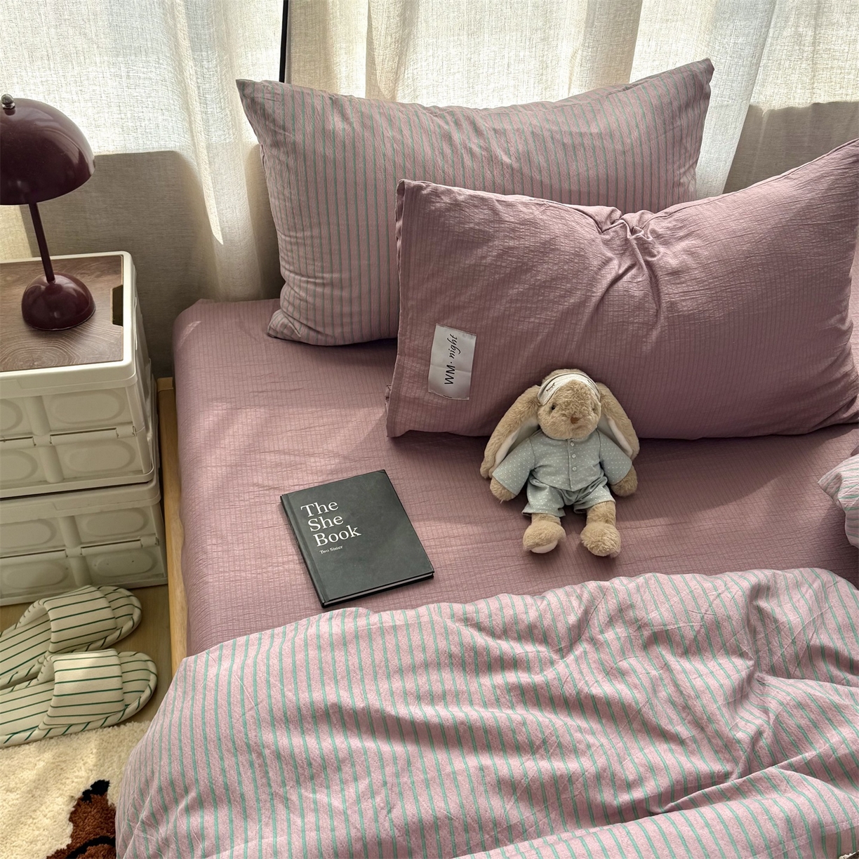 91家纺网 家纺一手货源 找家纺 拾一 2026新款软糯木棉中古多巴胺条纹系列四件套 慵懒条-紫