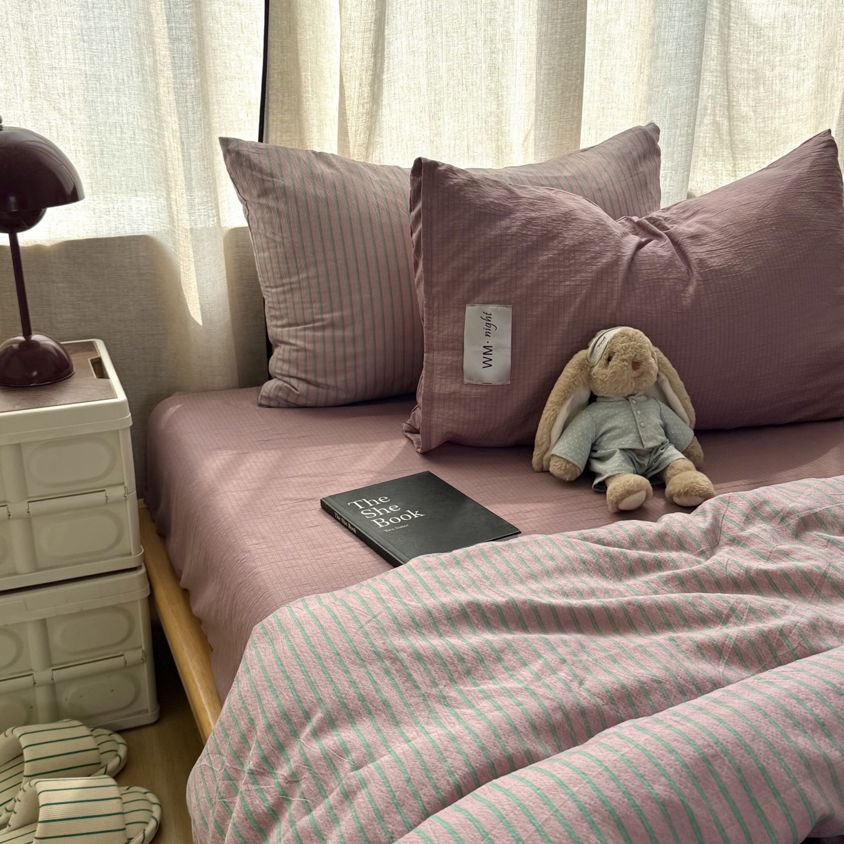 91家纺网 家纺一手货源 找家纺 拾一 2026新款软糯木棉中古多巴胺条纹系列四件套 慵懒条-紫