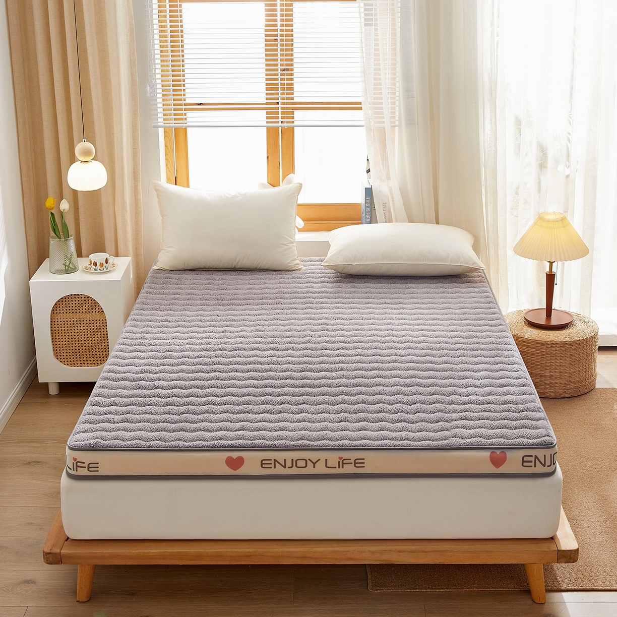 91家纺网 家纺一手货源 找家纺 月茶家纺 2026新款立体爱心边羊羔绒海绵床垫垫子 灰色