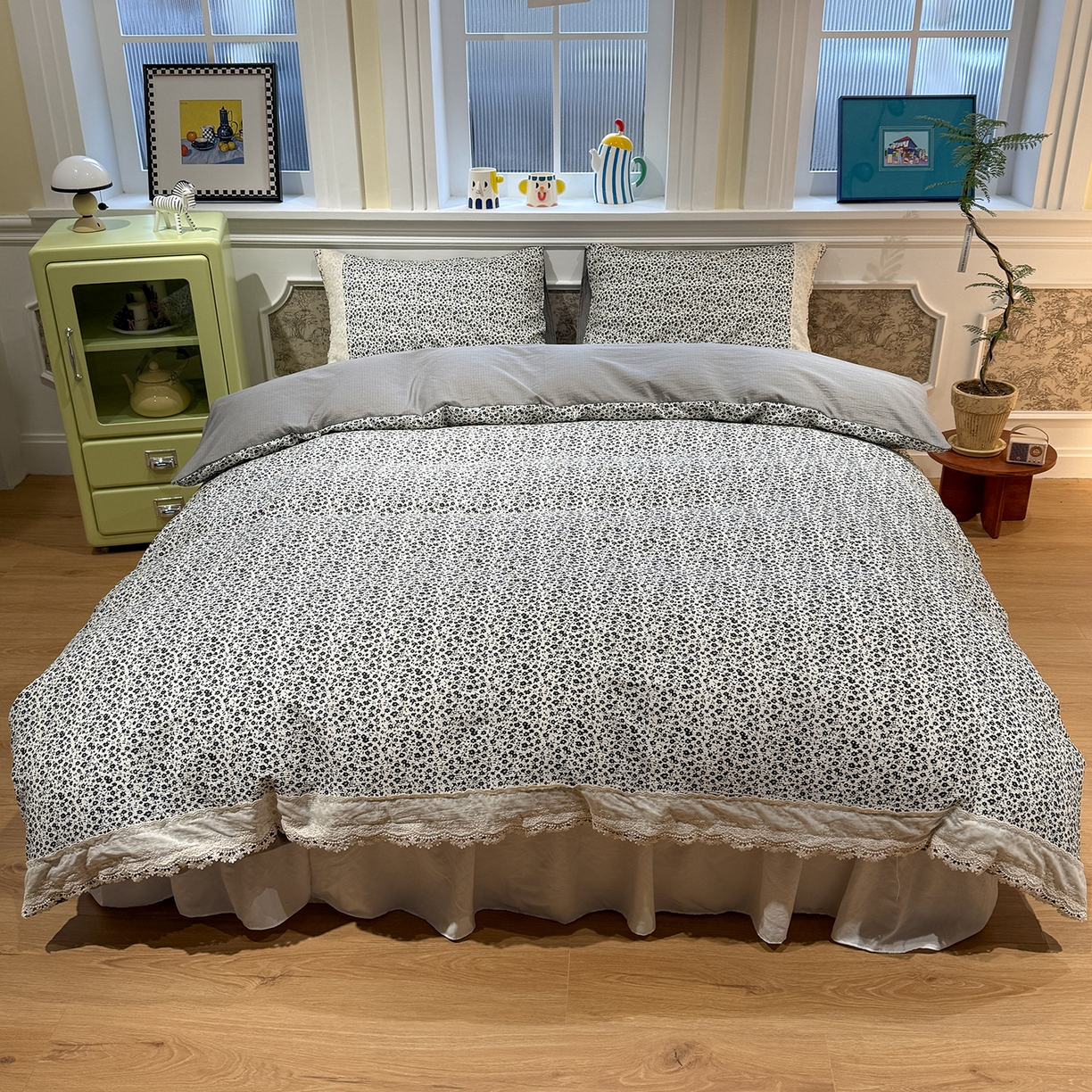 91家纺网 家纺一手货源 找家纺 （总）盼季家纺 2026新款亲肤木棉法式复古蕾丝花边皱皱纱四件套