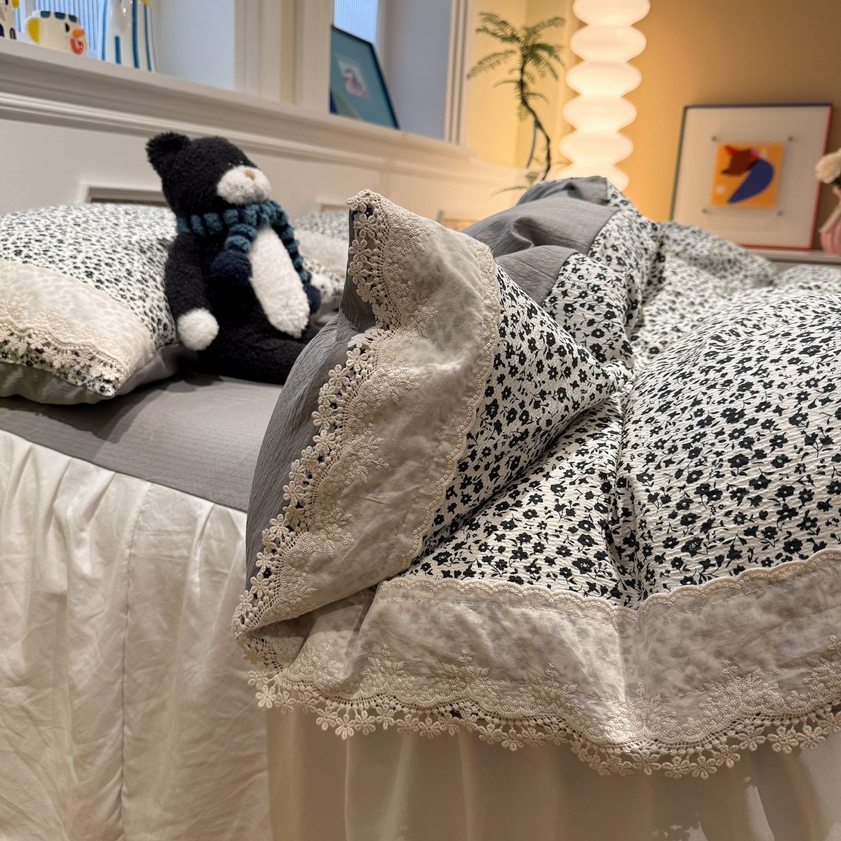 91家纺网 家纺一手货源 找家纺 盼季家纺 2026新款亲肤木棉法式复古蕾丝花边皱皱纱四件套 复古蕾丝花边-米希娅