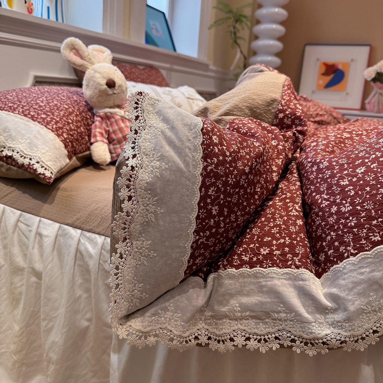 盼季家纺 2026新款亲肤木棉法式复古蕾丝花边皱皱纱四件套 复古蕾丝花边-玫瑰花园