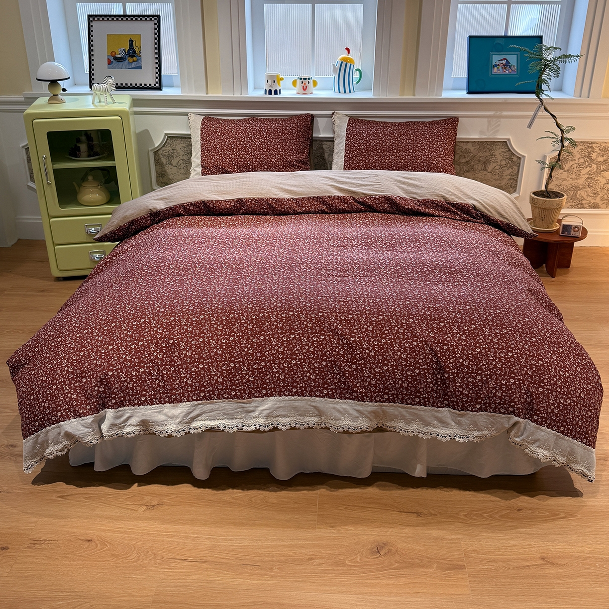 91家纺网 家纺一手货源 找家纺 盼季家纺 2026新款亲肤木棉法式复古蕾丝花边皱皱纱四件套 复古蕾丝花边-玫瑰花园