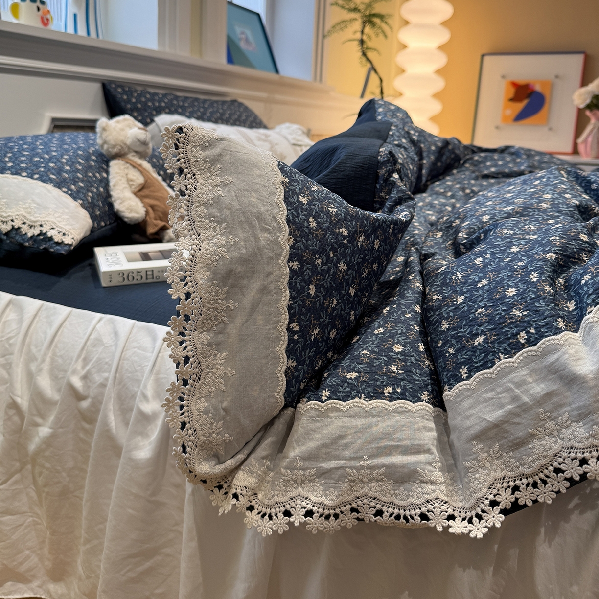 盼季家纺 2026新款亲肤木棉法式复古蕾丝花边皱皱纱四件套 复古蕾丝花边-南法假日