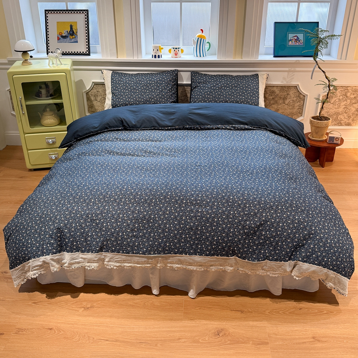 91家纺网 家纺一手货源 找家纺 盼季家纺 2026新款亲肤木棉法式复古蕾丝花边皱皱纱四件套 复古蕾丝花边-南法假日