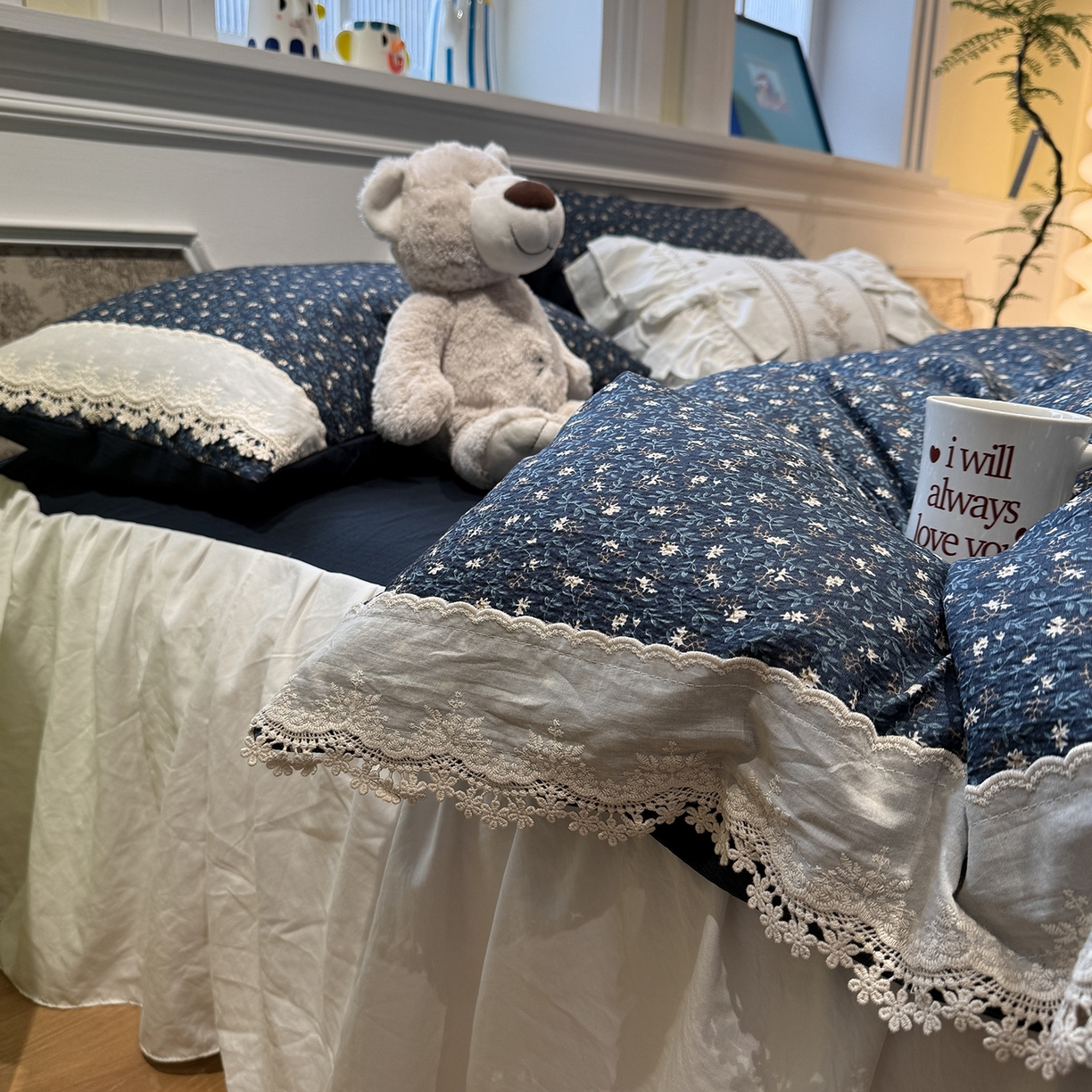 91家纺网 家纺一手货源 找家纺 盼季家纺 2026新款亲肤木棉法式复古蕾丝花边皱皱纱四件套 复古蕾丝花边-南法假日