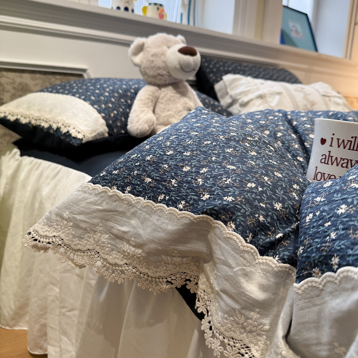 91家纺网 家纺一手货源 找家纺 盼季家纺 2026新款亲肤木棉法式复古蕾丝花边皱皱纱四件套 复古蕾丝花边-南法假日