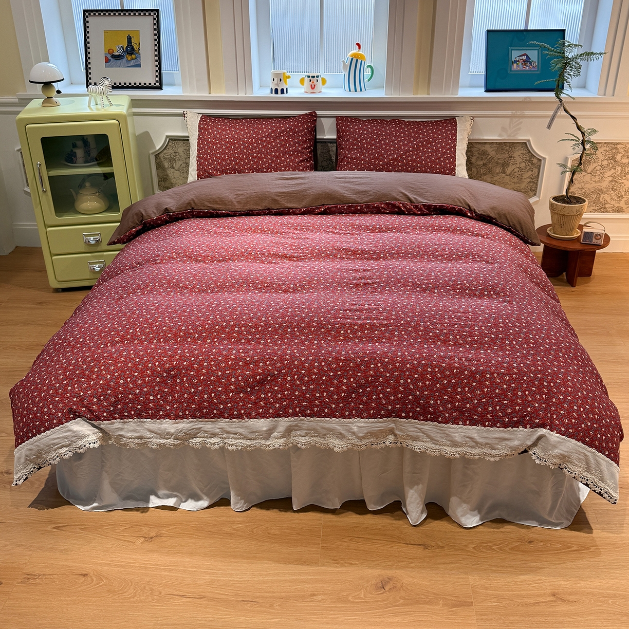 91家纺网 家纺一手货源 找家纺 盼季家纺 2026新款亲肤木棉法式复古蕾丝花边皱皱纱四件套 复古蕾丝花边-伊莫花语