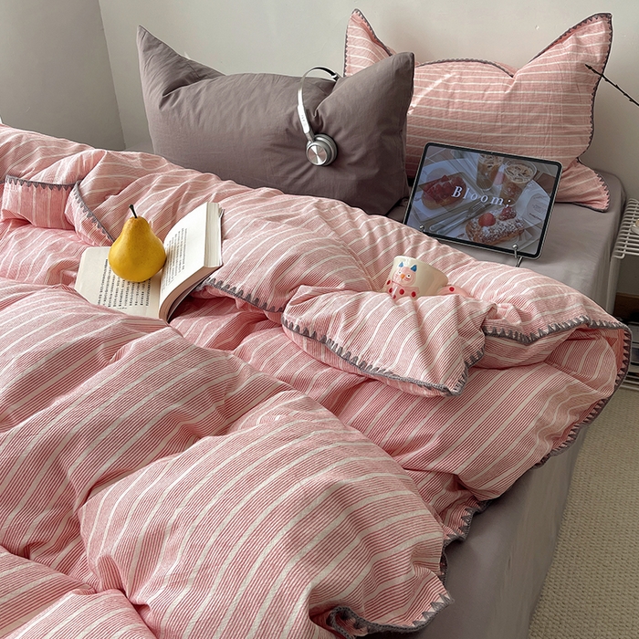 瑞莱 2026年新款全棉纯棉水洗棉贝壳边四件套 粉序白织