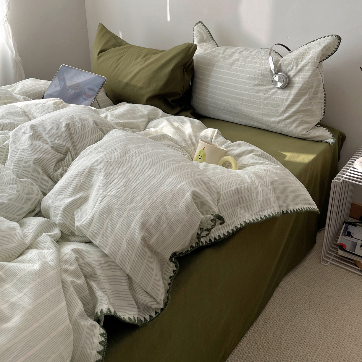 91家纺网 家纺一手货源 找家纺 瑞莱 2026年新款全棉纯棉水洗棉贝壳边四件套 岸屿青芒