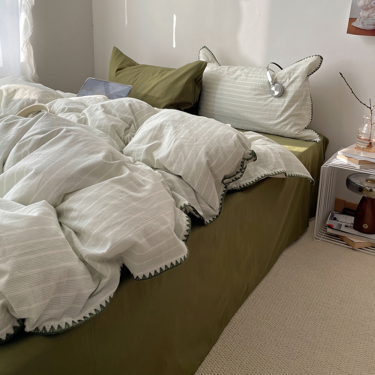 91家纺网 家纺一手货源 找家纺 瑞莱 2026年新款全棉纯棉水洗棉贝壳边四件套 岸屿青芒