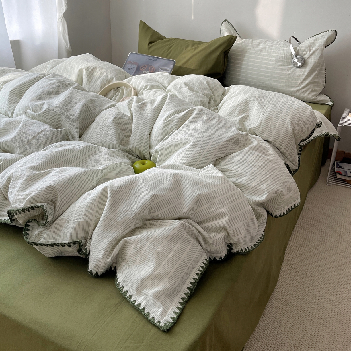 91家纺网 家纺一手货源 找家纺 瑞莱 2026年新款全棉纯棉水洗棉贝壳边四件套 岸屿青芒