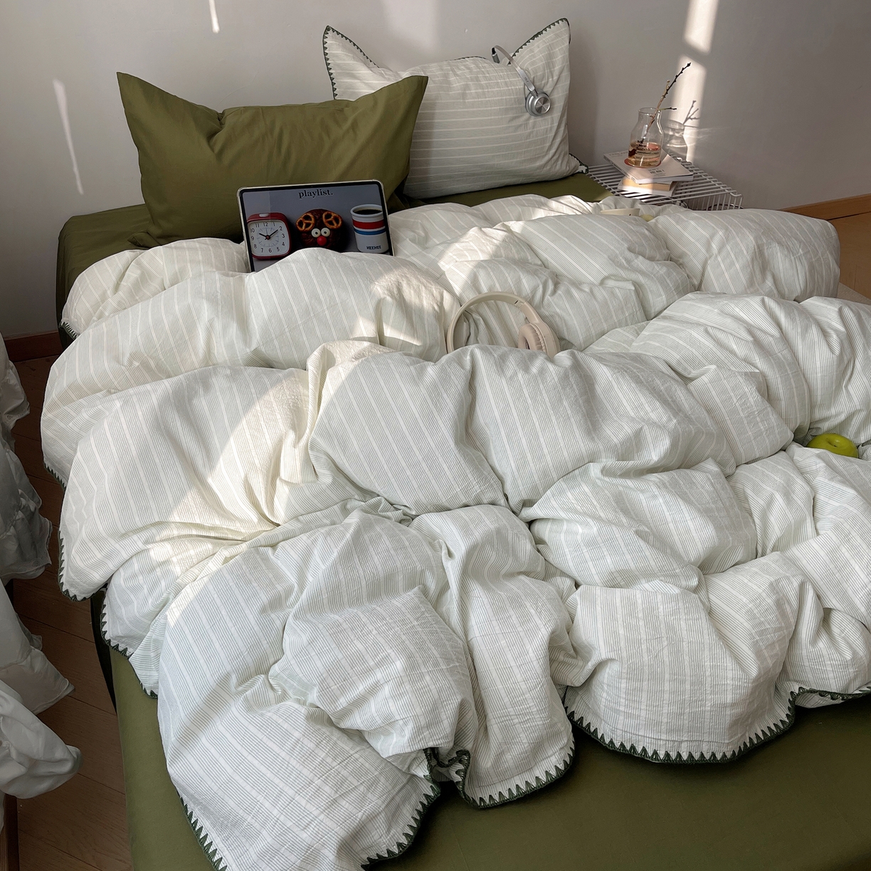 91家纺网 家纺一手货源 找家纺 瑞莱 2026年新款全棉纯棉水洗棉贝壳边四件套 岸屿青芒