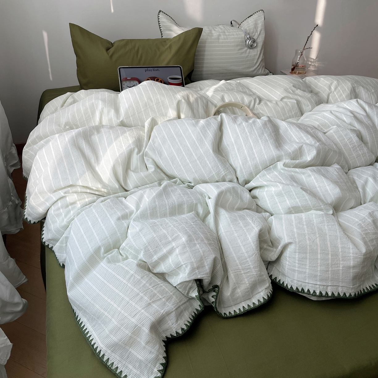 91家纺网 家纺一手货源 找家纺 瑞莱 2026年新款全棉纯棉水洗棉贝壳边四件套 岸屿青芒