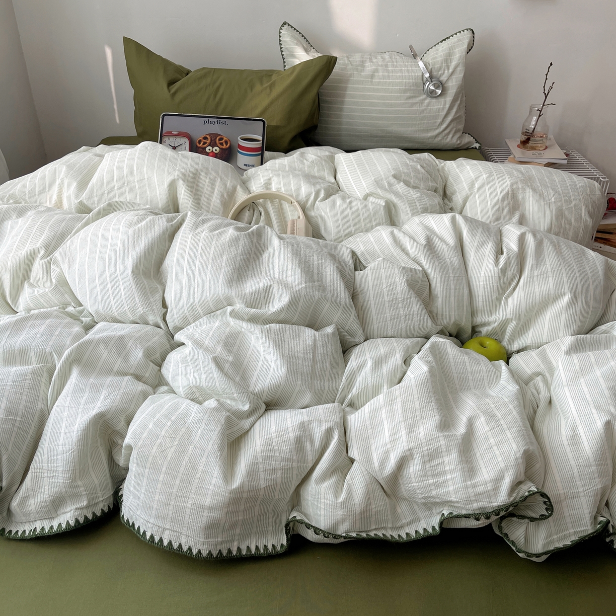 91家纺网 家纺一手货源 找家纺 瑞莱 2026年新款全棉纯棉水洗棉贝壳边四件套 岸屿青芒