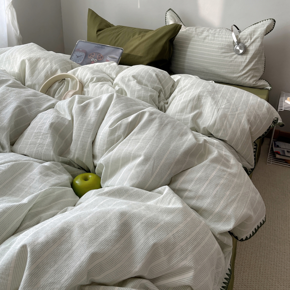 91家纺网 家纺一手货源 找家纺 瑞莱 2026年新款全棉纯棉水洗棉贝壳边四件套 岸屿青芒