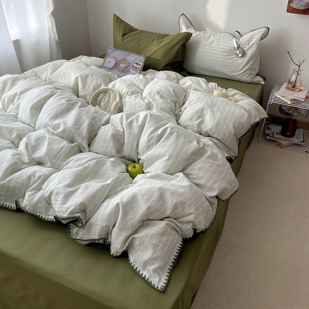 91家纺网 家纺一手货源 找家纺 瑞莱 2026年新款全棉纯棉水洗棉贝壳边四件套 岸屿青芒