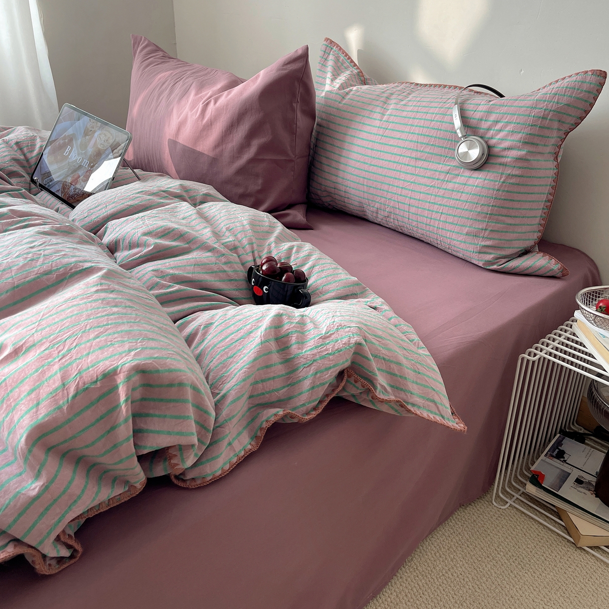 91家纺网 家纺一手货源 找家纺 瑞莱 2026年新款全棉纯棉水洗棉贝壳边四件套 雾屿紫青