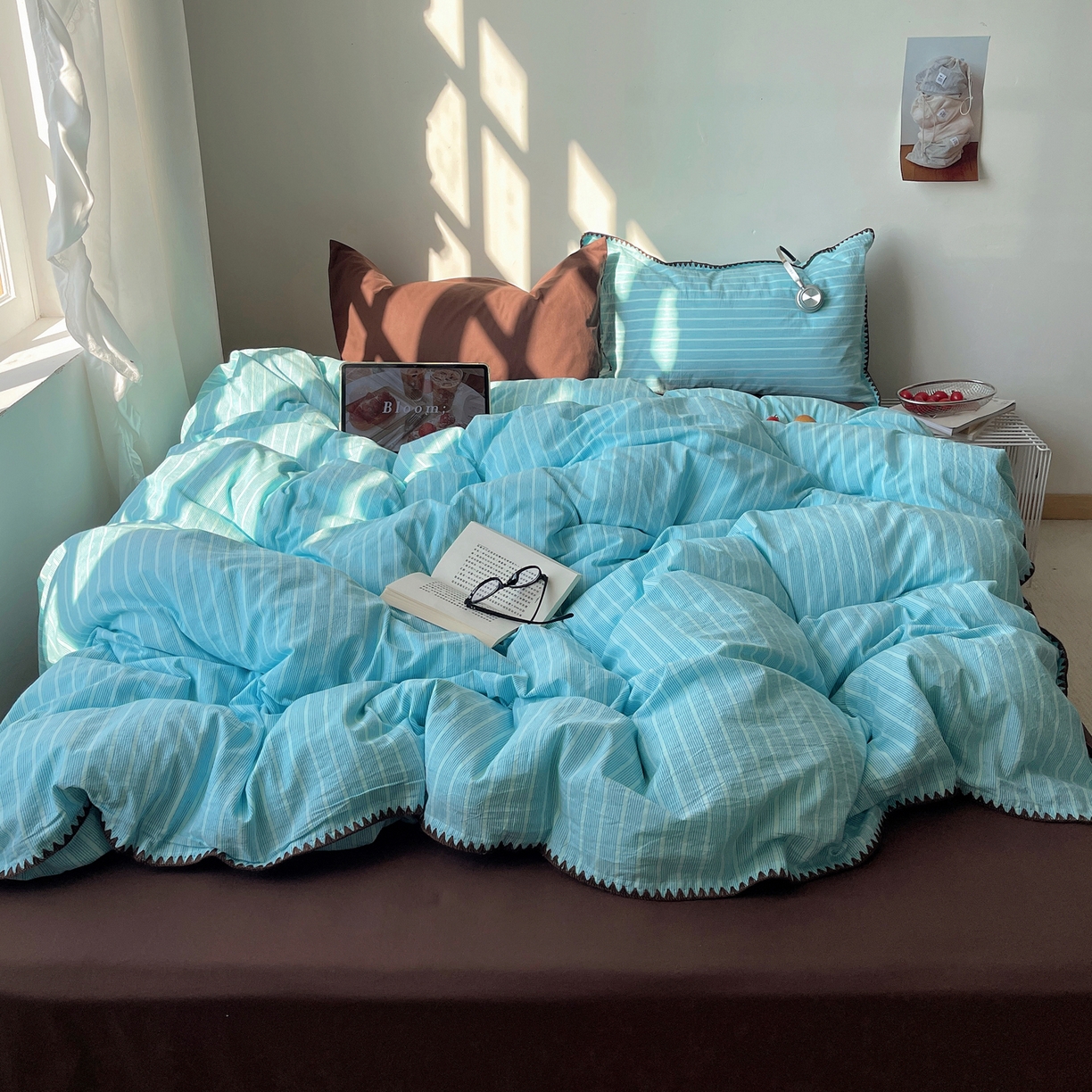 91家纺网 家纺一手货源 找家纺 瑞莱 2026年新款全棉纯棉水洗棉贝壳边四件套 旧港蓝棕