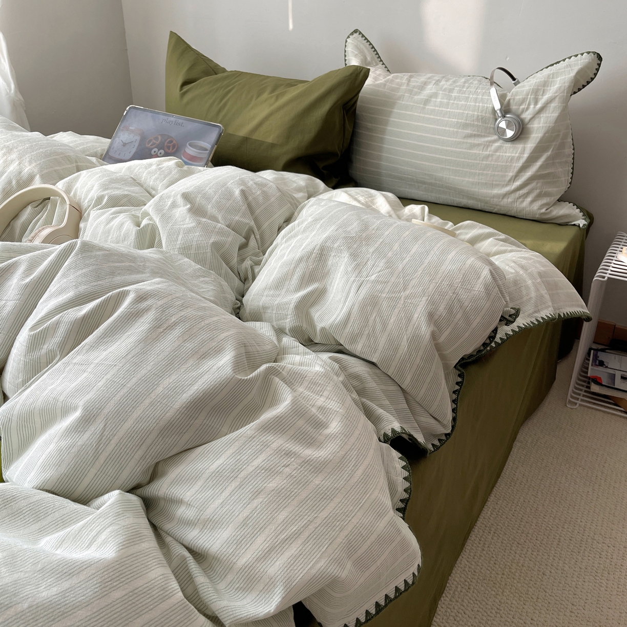 91家纺网 家纺一手货源 找家纺 瑞莱 2026年新款全棉纯棉水洗棉贝壳边四件套 岸屿青芒