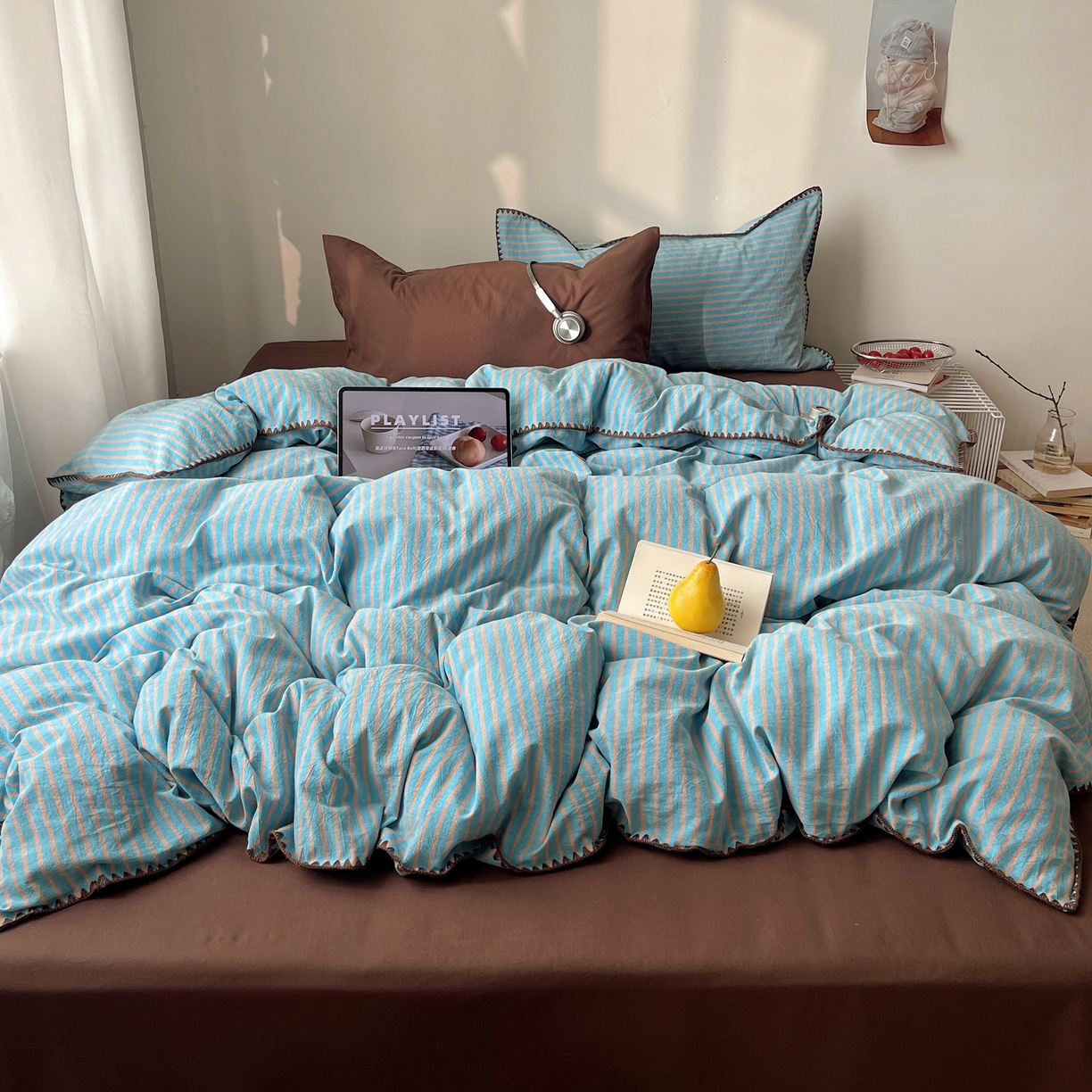 91家纺网 家纺一手货源 找家纺 瑞莱 2026年新款全棉纯棉水洗棉贝壳边四件套 棕岸蓝漪