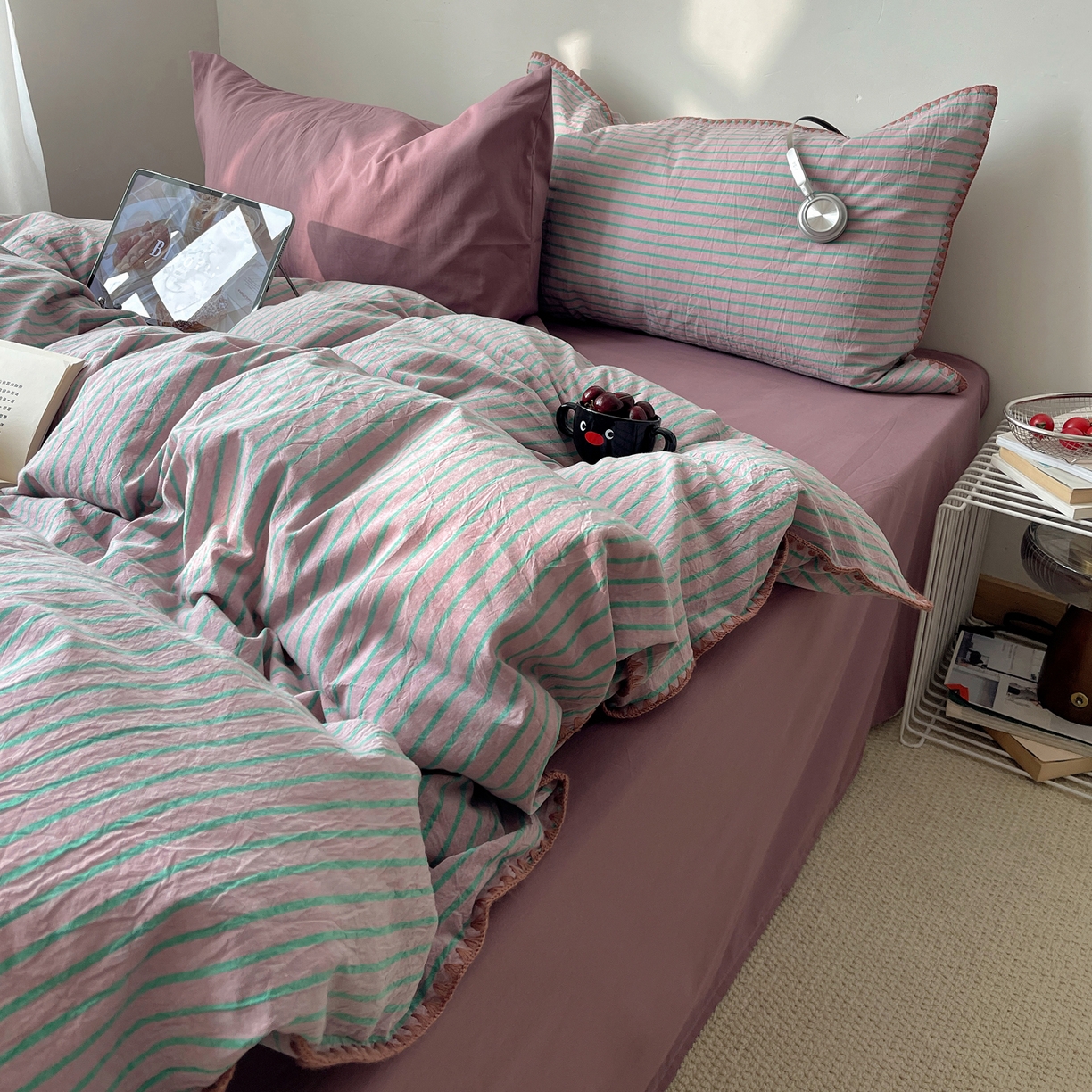 91家纺网 家纺一手货源 找家纺 瑞莱 2026年新款全棉纯棉水洗棉贝壳边四件套 雾屿紫青