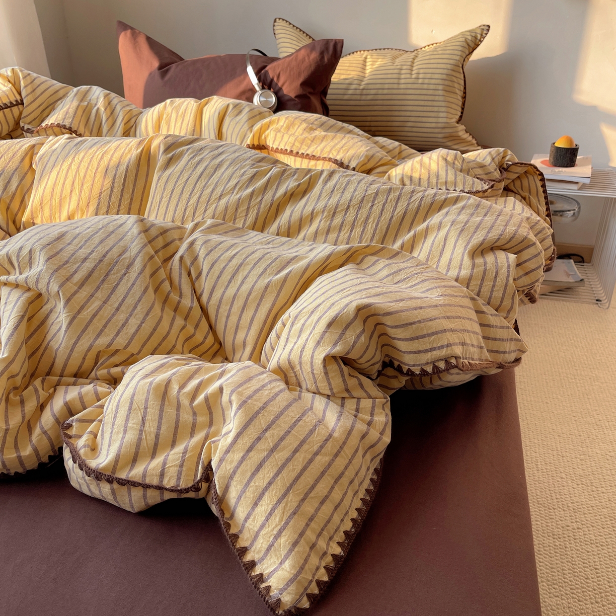 91家纺网 家纺一手货源 找家纺 瑞莱 2026年新款全棉纯棉水洗棉贝壳边四件套 暖阳黄棕