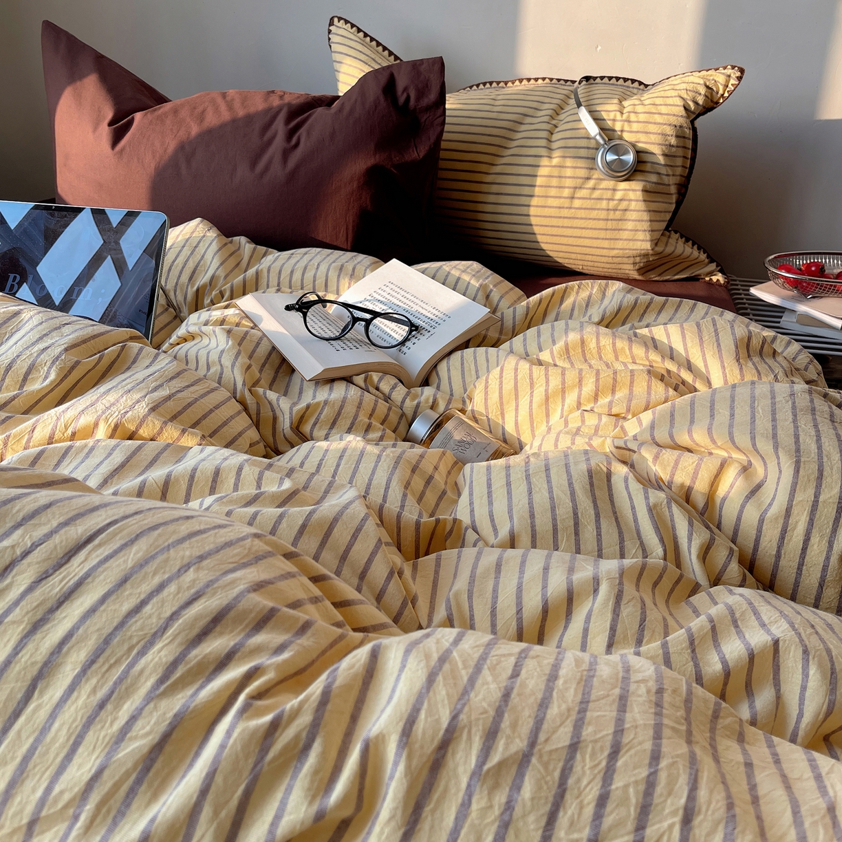 91家纺网 家纺一手货源 找家纺 瑞莱 2026年新款全棉纯棉水洗棉贝壳边四件套 暖阳黄棕