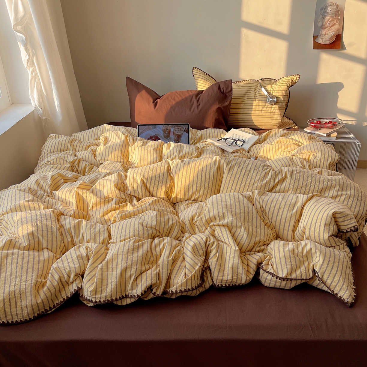 91家纺网 家纺一手货源 找家纺 瑞莱 2026年新款全棉纯棉水洗棉贝壳边四件套 暖阳黄棕