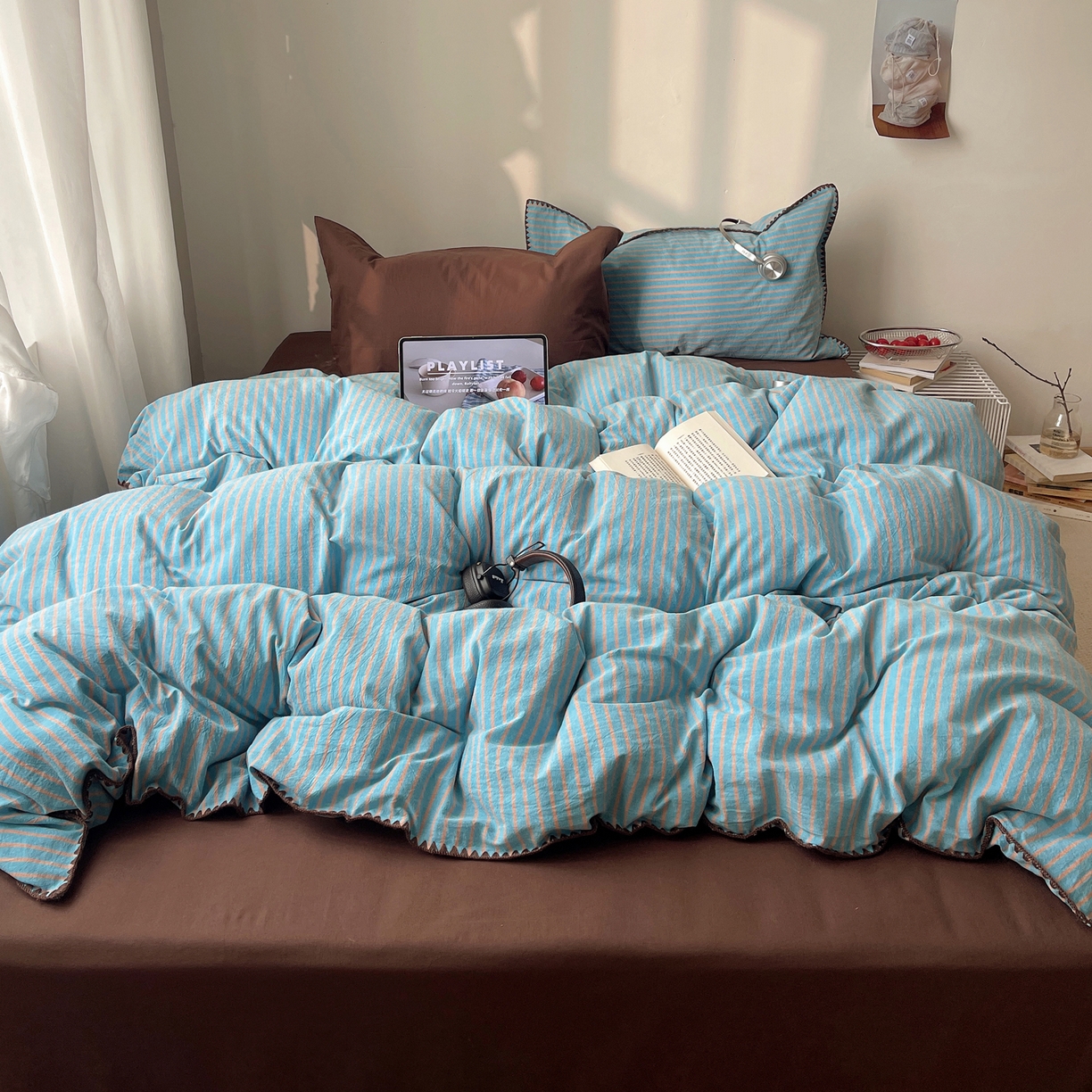 91家纺网 家纺一手货源 找家纺 瑞莱 2026年新款全棉纯棉水洗棉贝壳边四件套 棕岸蓝漪