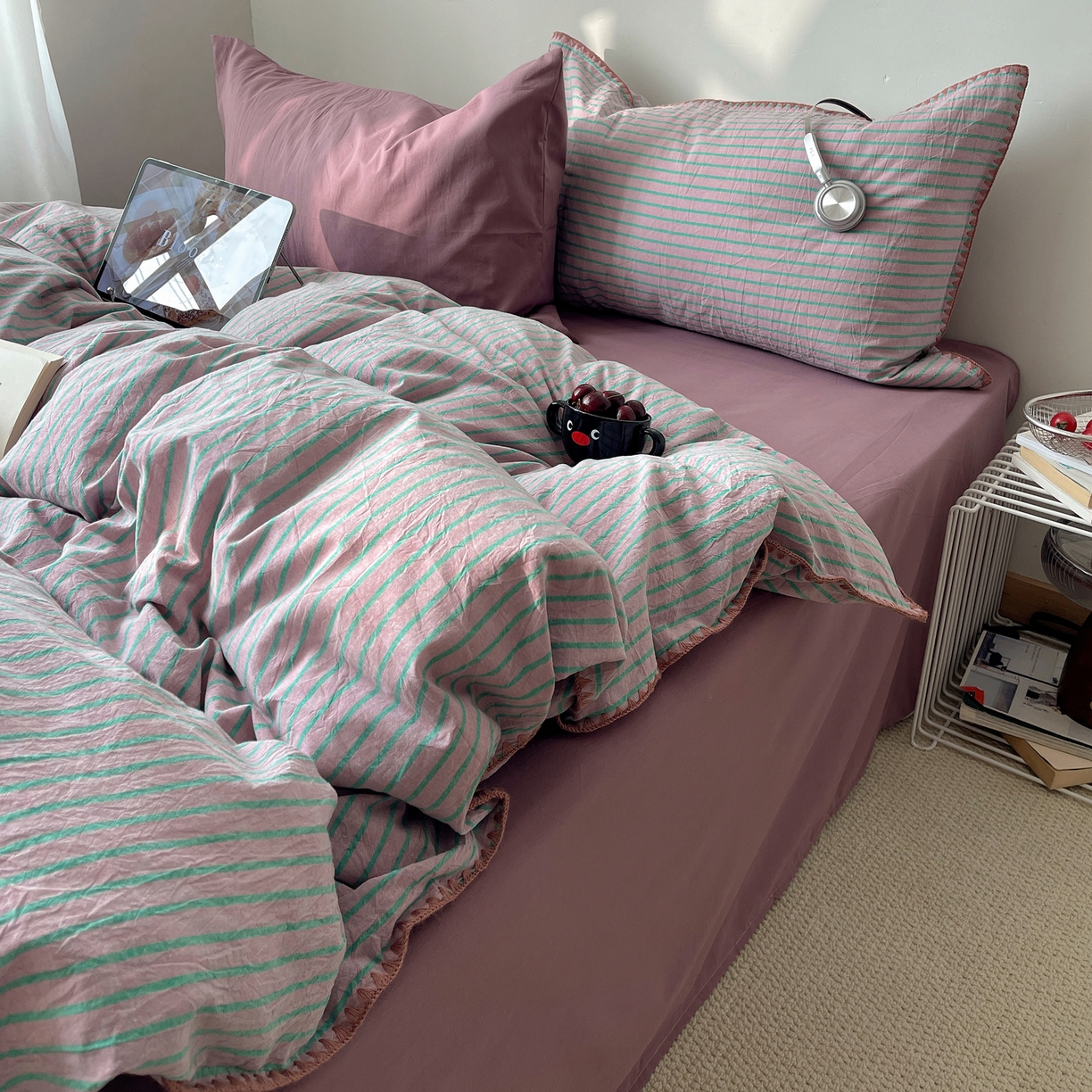 91家纺网 家纺一手货源 找家纺 瑞莱 2026年新款全棉纯棉水洗棉贝壳边四件套 雾屿紫青