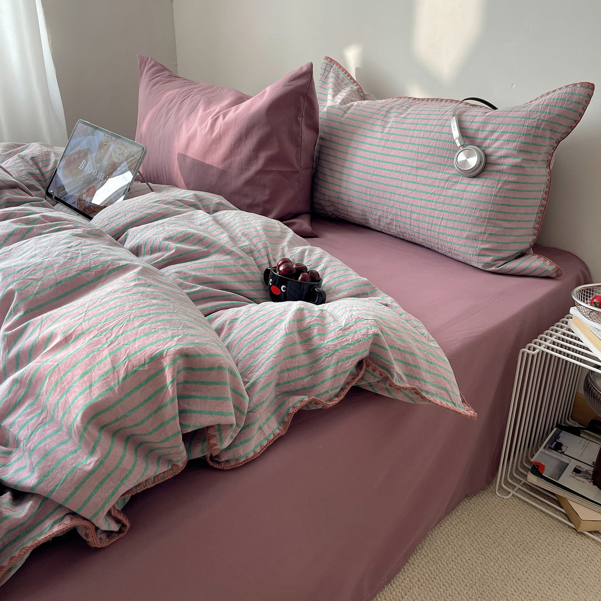 91家纺网 家纺一手货源 找家纺 瑞莱 2026年新款全棉纯棉水洗棉贝壳边四件套 雾屿紫青