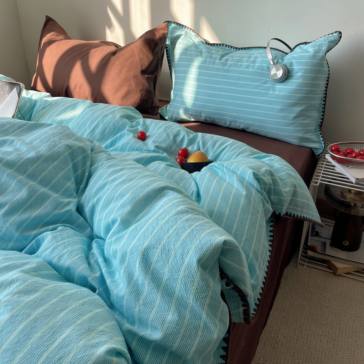 91家纺网 家纺一手货源 找家纺 瑞莱 2026年新款全棉纯棉水洗棉贝壳边四件套 旧港蓝棕