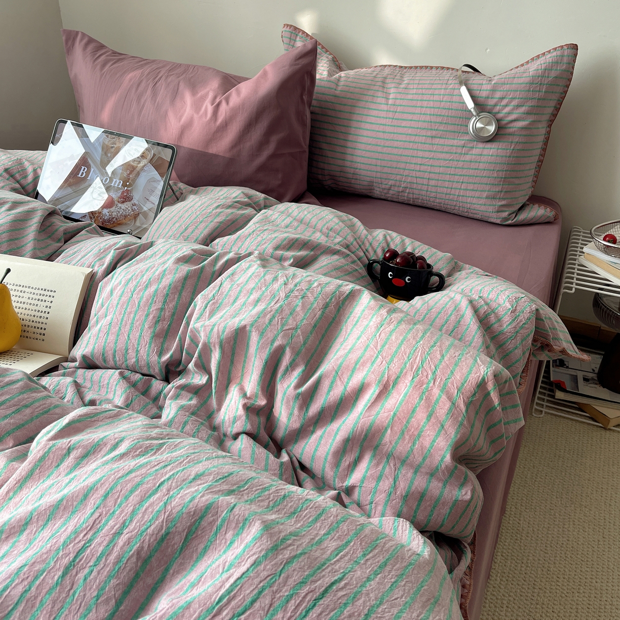 91家纺网 家纺一手货源 找家纺 瑞莱 2026年新款全棉纯棉水洗棉贝壳边四件套 雾屿紫青