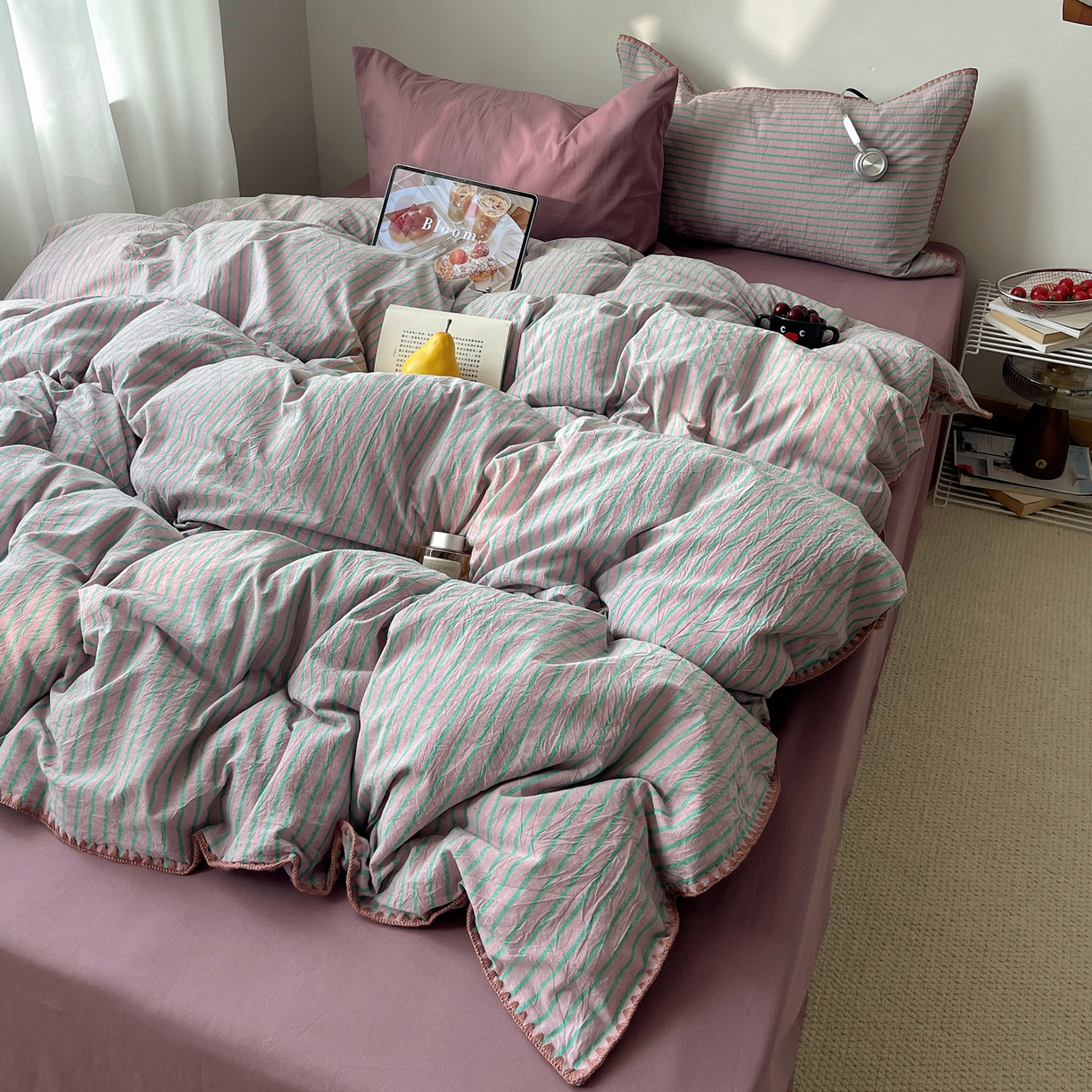 91家纺网 家纺一手货源 找家纺 瑞莱 2026年新款全棉纯棉水洗棉贝壳边四件套 雾屿紫青