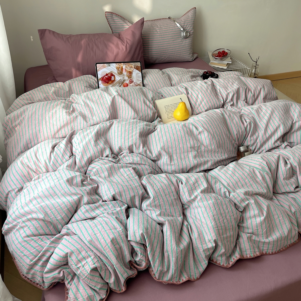 91家纺网 家纺一手货源 找家纺 瑞莱 2026年新款全棉纯棉水洗棉贝壳边四件套 雾屿紫青