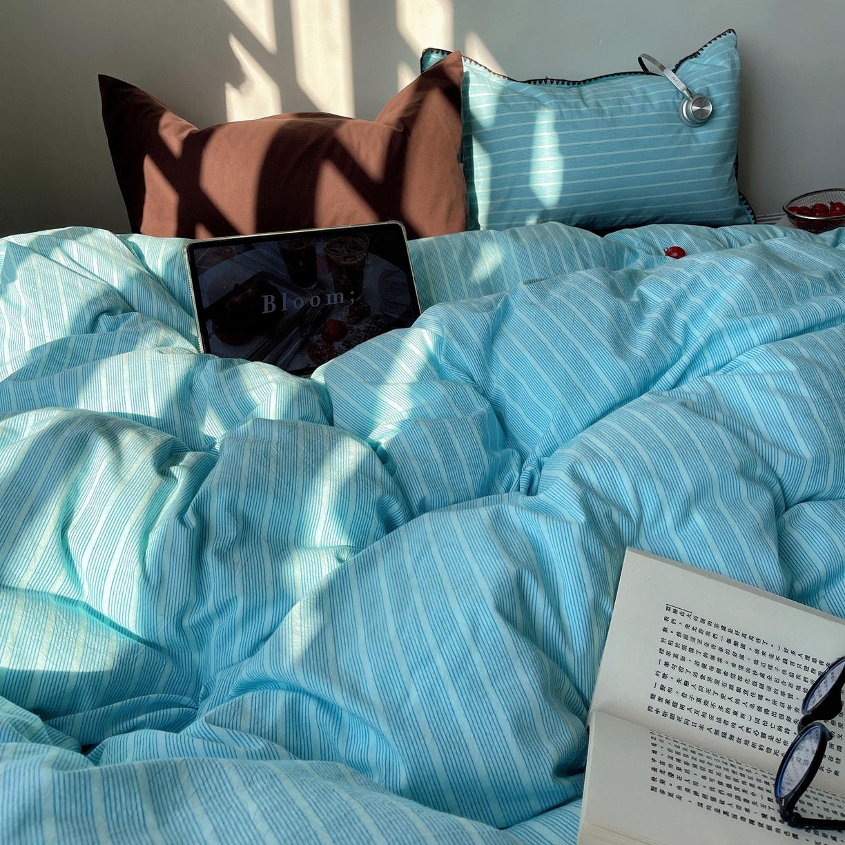 91家纺网 家纺一手货源 找家纺 瑞莱 2026年新款全棉纯棉水洗棉贝壳边四件套 旧港蓝棕