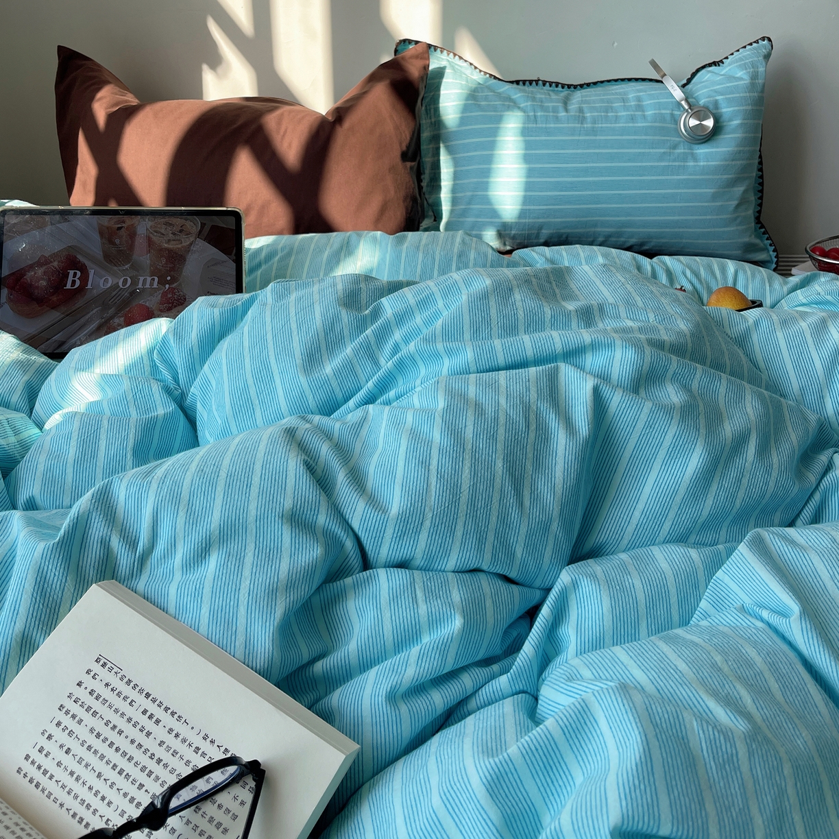 91家纺网 家纺一手货源 找家纺 瑞莱 2026年新款全棉纯棉水洗棉贝壳边四件套 旧港蓝棕