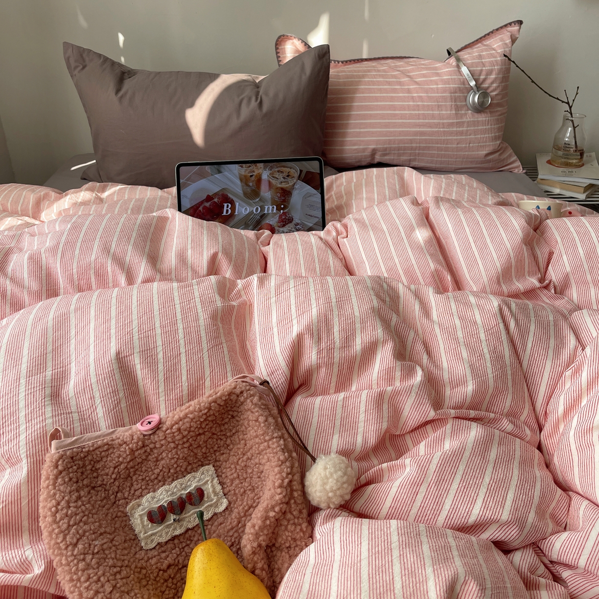 91家纺网 家纺一手货源 找家纺 瑞莱 2026年新款全棉纯棉水洗棉贝壳边四件套 粉序白织