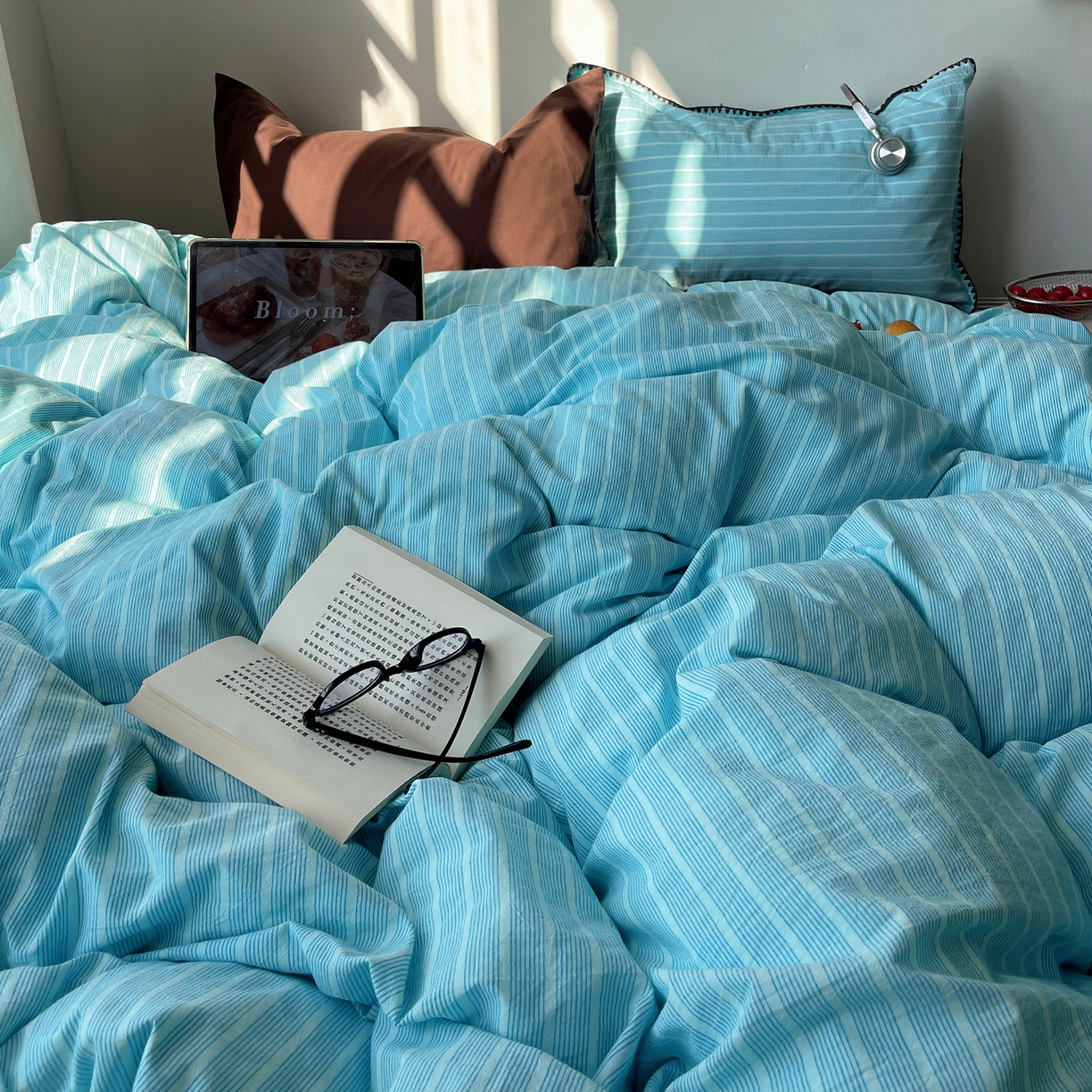 91家纺网 家纺一手货源 找家纺 瑞莱 2026年新款全棉纯棉水洗棉贝壳边四件套 旧港蓝棕