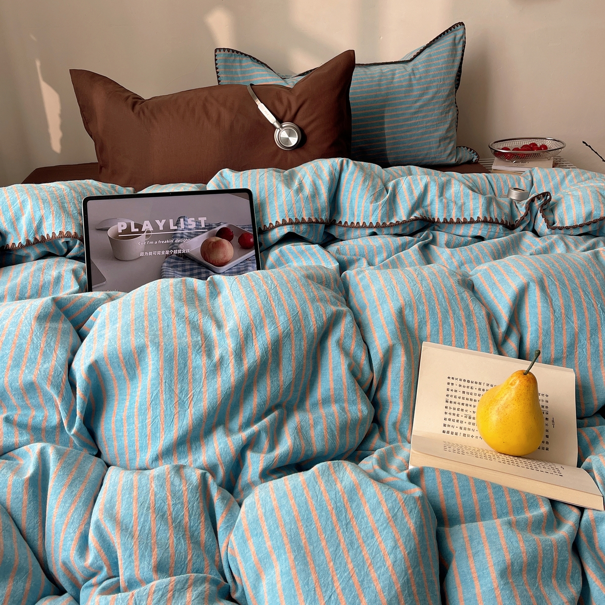 91家纺网 家纺一手货源 找家纺 瑞莱 2026年新款全棉纯棉水洗棉贝壳边四件套 棕岸蓝漪